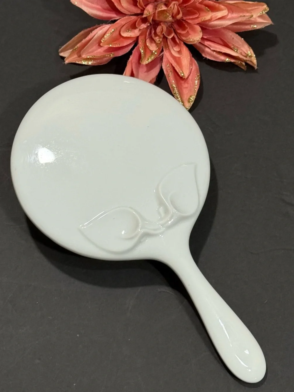 Vtg Hutschenreuther Germany Chloe White Porcelain Hand Mirror w/ Leaf Design